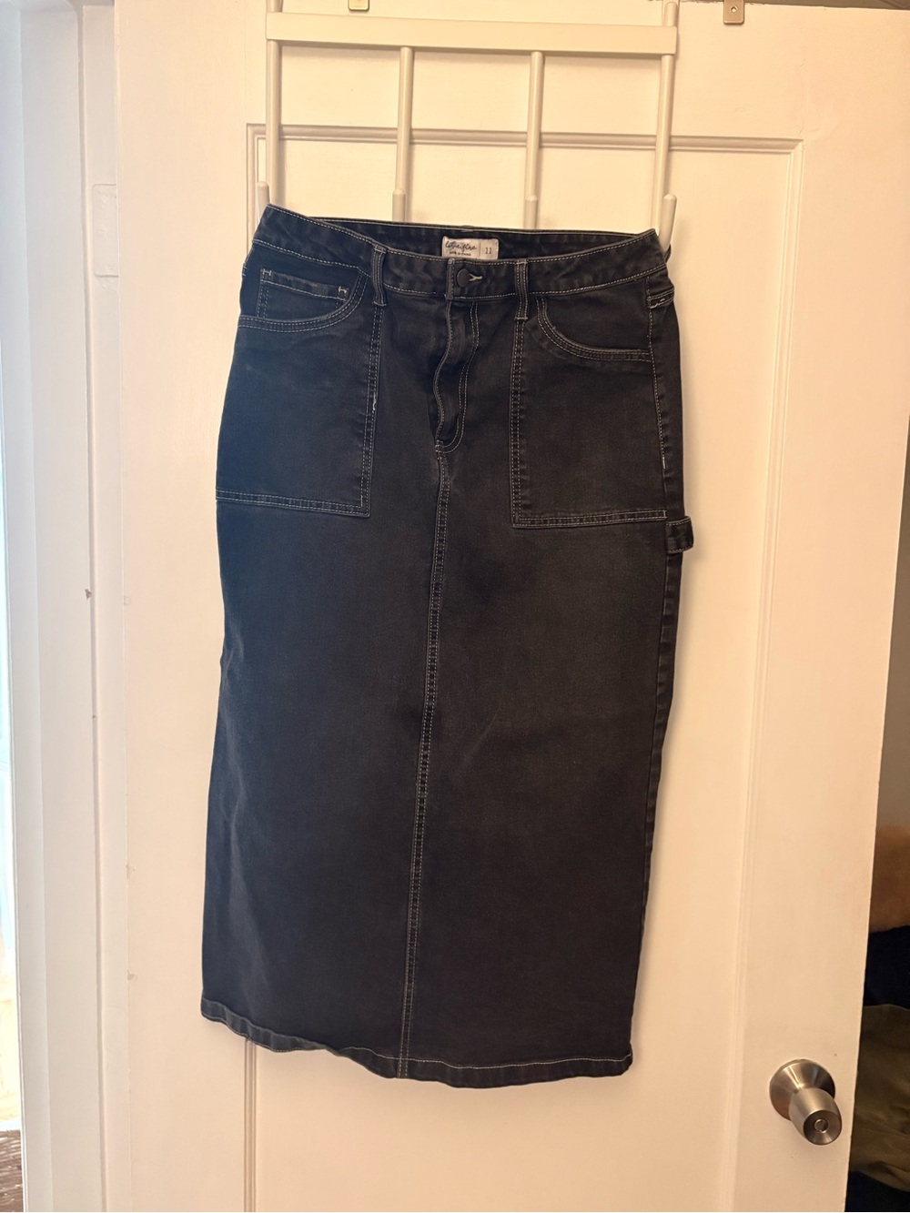 love, Fire Black Denim Midi Skirt with Patch Pockets